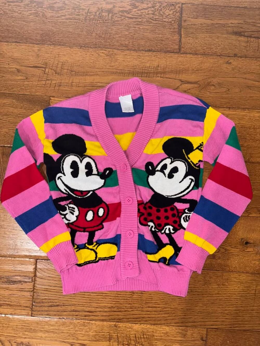 Disney 100 Mickey Mouse Minnie Mouse Colorful Striped Pink Cardigan Girl’s Small